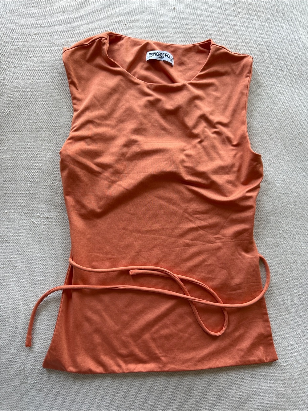 Princess Polly Sleeveless/Open Back Waist-Tie Tank in Rust Orange